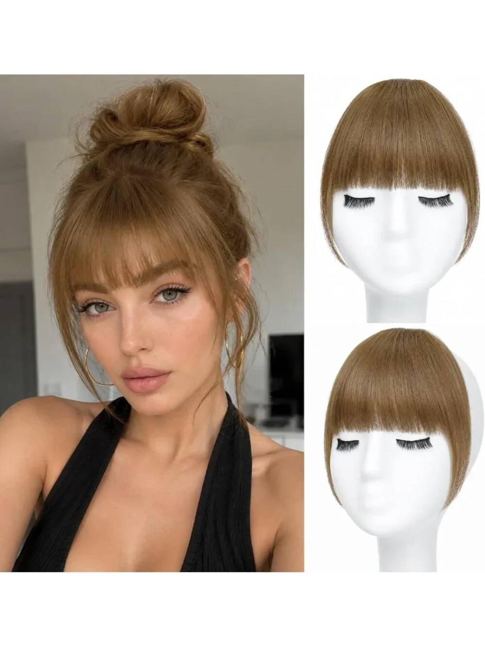 100% Human Hair Clip-In Bangs for Women | Wispy Honey Brown Fringe, Easy to
